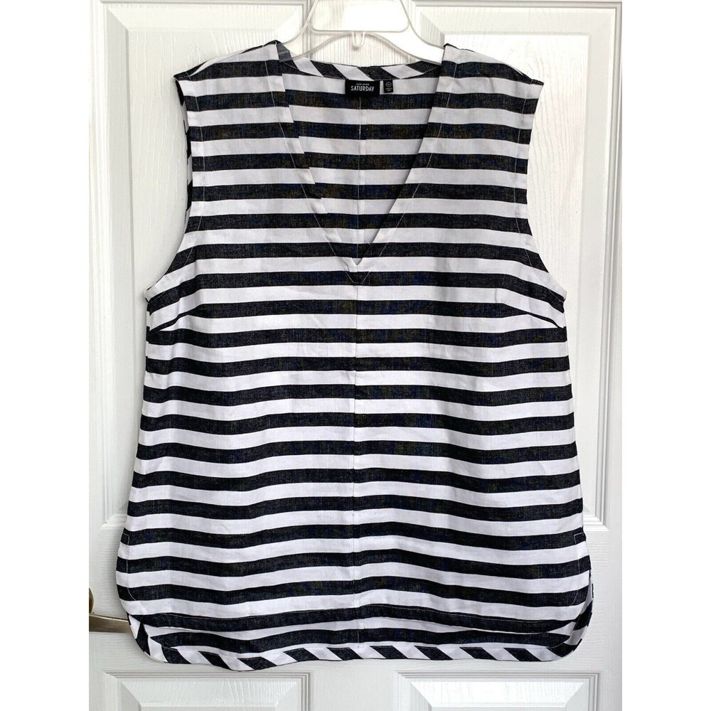 Kate Spade Saturday Linen Cotton Top Minimalist Clean Girl Black White Stripe XL - Picture 3 of 6